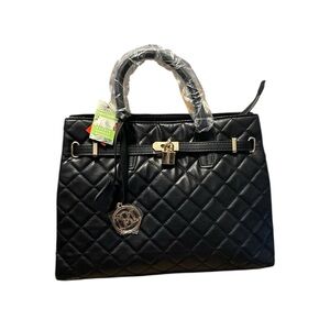 Badgley Mischka Black Diamond Quilted Satchel Gold Hardware Detail Crossbody